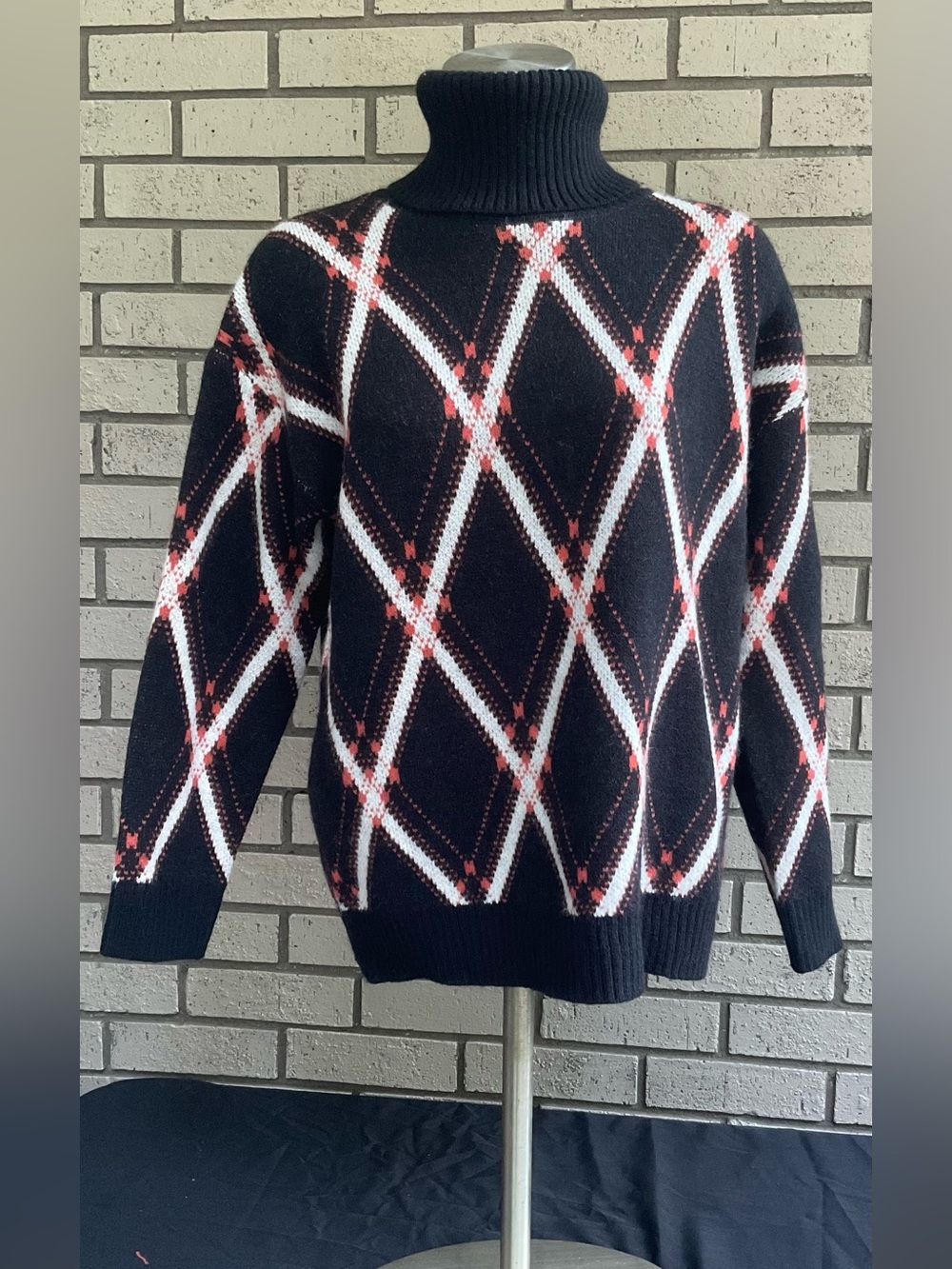 Men's Black Argyle Turtleneck Sweater with Red & White Pattern